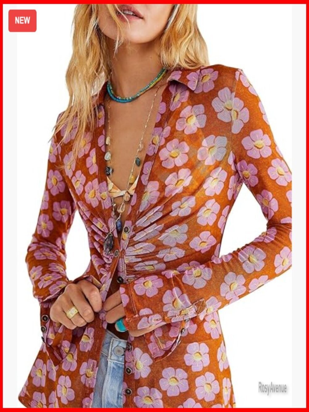 Floral Button Down Shirt Y2K Long Sleeve V Neck Mesh Top Blouse Streetwear
